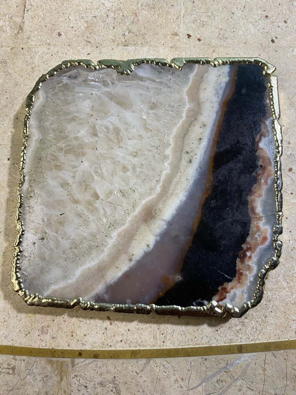 Natural Agate Stone Coaster with Gold Electroplated Edge